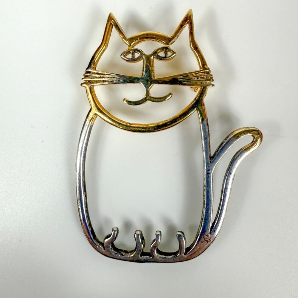 Navajo Belinda Woody Sterling Silver Cat Brooch 925 Gold Accents